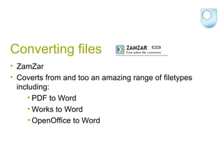 Converting files ZamZar  Coverts from and too an amazing range of filetypes including: PDF to Word Works to Word OpenOffice to Word 