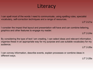 Literacy I can spell most of the words I need to communicate, using spelling rules, specialist vocabulary, self-correction...