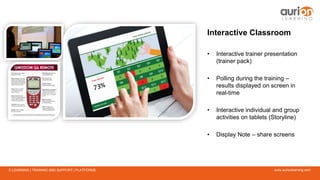 www.aurionlearning.comE-LEARNING | TRAINING AND SUPPORT | PLATFORMS
Interactive Classroom
• Interactive trainer presentation
(trainer pack)
• Polling during the training –
results displayed on screen in
real-time
• Interactive individual and group
activities on tablets (Storyline)
• Display Note – share screens
 