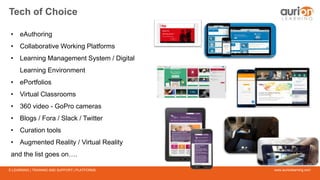www.aurionlearning.comE-LEARNING | TRAINING AND SUPPORT | PLATFORMS
Tech of Choice
• eAuthoring
• Collaborative Working Platforms
• Learning Management System / Digital
Learning Environment
• ePortfolios
• Virtual Classrooms
• 360 video - GoPro cameras
• Blogs / Fora / Slack / Twitter
• Curation tools
• Augmented Reality / Virtual Reality
and the list goes on….
 