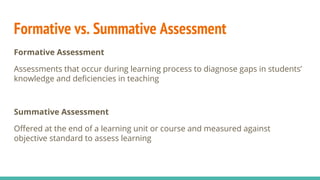 Formative vs. Summative Assessment
Formative Assessment
Assessments that occur during learning process to diagnose gaps in students’
knowledge and deficiencies in teaching
Summative Assessment
Offered at the end of a learning unit or course and measured against
objective standard to assess learning
 