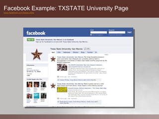 Facebook Example: TXSTATE University Page
www.facebook.com/texas.state
 