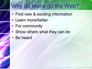  Online communities By age 21,The average person will have spent….10,000 hours video games20,000 emails20,000 hours TV10,000 hours on a cell phoneUnder 5,000 hours readingPrensky, 2003