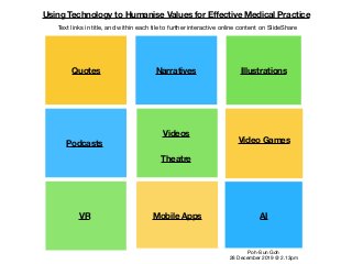 Using Technology to Humanise Values for Eﬀective Medical Practice
Quotes Narratives Illustrations
Podcasts
Videos
Video Games
VR Mobile Apps AI
Theatre
Text links in title, and within each tile to further interactive online content on SlideShare
Poh-Sun Goh

28 December 2019 @ 2.13pm
 