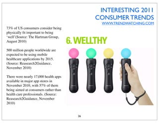 INTERESTING 2011
                                            CONSUMER TRENDS
                                             WWW.TRENDWATCHING.COM
73% of US consumers consider being
physically ﬁt important to being
‘well’(Source: The Hartman Group,
August 2010)

500 million people worldwide are
expected to be using mobile
healthcare applications by 2015.
(Source: Reasearch2Guidance,
November 2010)

There were nearly 17,000 health apps
available in major app stores in
November 2010, with 57% of them
being aimed at consumers rather than
health care professionals. (Source:
Reasearch2Guidance, November
2010)


                                       26
 