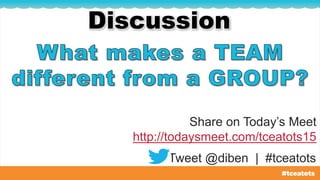 Share on Today’s Meet
http://todaysmeet.com/tceatots15
Discussion
Tweet @diben | #tceatots
 
