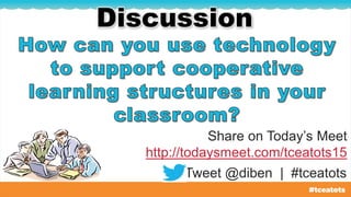 Share on Today’s Meet
http://todaysmeet.com/tceatots15
Discussion
Tweet @diben | #tceatots
 