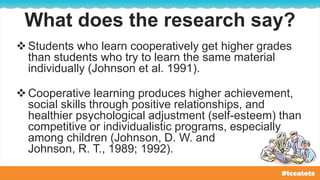 What does the research say?
Students who learn cooperatively get higher grades
than students who try to learn the same material
individually (Johnson et al. 1991).
Cooperative learning produces higher achievement,
social skills through positive relationships, and
healthier psychological adjustment (self-esteem) than
competitive or individualistic programs, especially
among children (Johnson, D. W. and
Johnson, R. T., 1989; 1992).
 