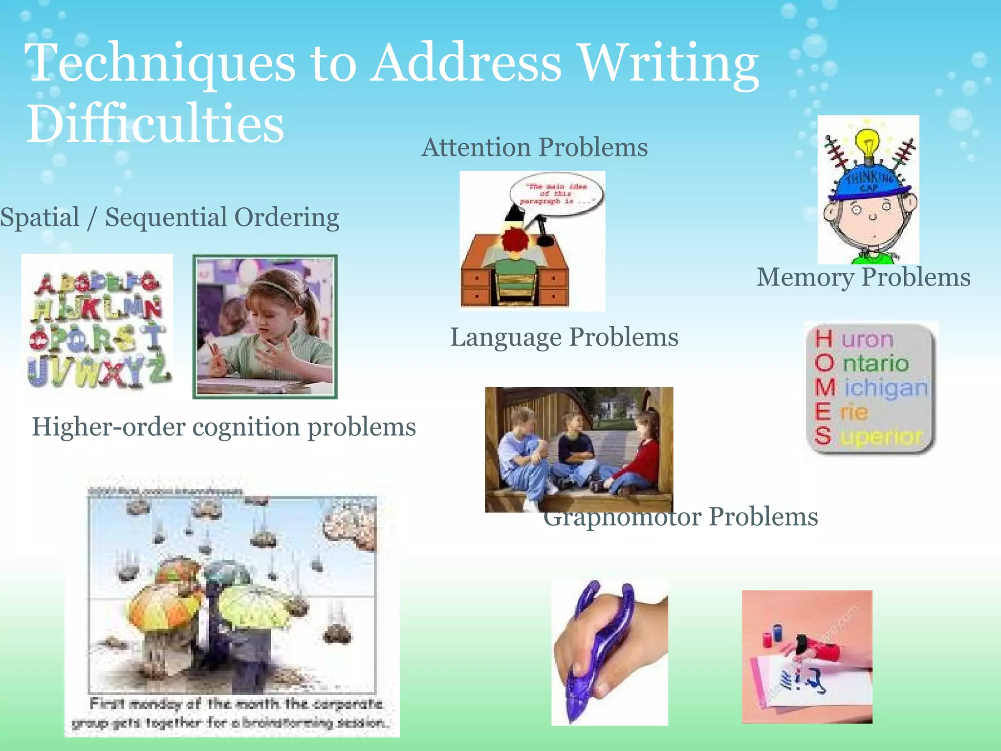 Techniques to Address Writing Difficulties                 Attention Problems     Spatial / Sequential Ordering   Memory Problems                             Language Problems           Higher-order cognition problems                                                                   Graphomotor Problems   