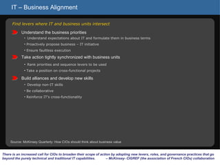 IT – Business Alignment There is an increased call for CIOs to broaden their scope of action by adopting new levers, roles, and governance practices that go beyond the purely technical and traditional IT capabilities.  – McKinsey- CIGREF (the association of French CIOs) collaboration Understand the business priorities Understand expectations about IT and formulate them in business terms Proactively propose business – IT initiative Ensure faultless execution Take action tightly synchronized with business units Rank priorities and sequence levers to be used Take a position on cross-functional projects Build alliances and develop new skills  Develop non-IT skills Be collaborative Reinforce IT’s cross-functionality Find levers where IT and business units intersect Source: McKinsey Quarterly: How CIOs should think about business value  