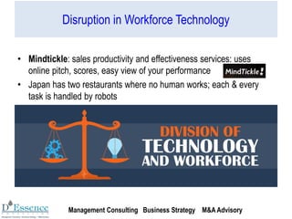 Disruption in Workforce Technology
• Mindtickle: sales productivity and effectiveness services: uses
online pitch, scores, easy view of your performance
• Japan has two restaurants where no human works; each & every
task is handled by robots
• Many jobs will be lost due to robots taking over humans
Management Consulting Business Strategy M&A Advisory
 