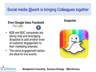 Social media @work is bringing Colleagues together
Even Google Uses Facebook
• B2B and B2C companies are
taking note and leveraging
Snapchat to add another level
of customer engagement to
their marketing arsenals.
• The same engagement tactics
are ideal for live events.
Snapchat
Management Consulting Business Strategy M&A Advisory
 