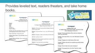 Provides leveled text, readers theaters, and take home
books.
 