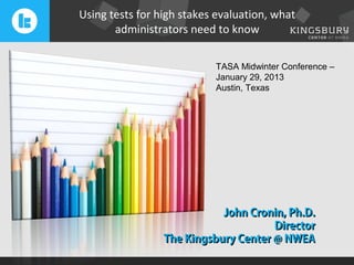 Using tests for high stakes evaluation, what
       administrators need to know

                           TASA Midwinter Conference –
                           January 29, 2013
                           Austin, Texas




                            John Cronin, Ph.D.
                                      Director
                 The Kingsbury Center @ NWEA
 