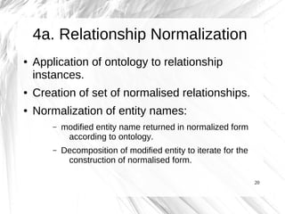4a. Relationship Normalization
●   Application of ontology to relationship
    instances.
●   Creation of set of normalised relationships.
●   Normalization of entity names:
        –   modified entity name returned in normalized form
             according to ontology.
        –   Decomposition of modified entity to iterate for the
             construction of normalised form.

                                                                  20
 