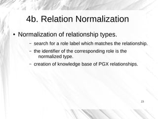 4b. Relation Normalization
●   Normalization of relationship types.
        –   search for a role label which matches the relationship.
        –   the identifier of the corresponding role is the
              normalized type.
        –   creation of knowledge base of PGX relationships.




                                                               23
 