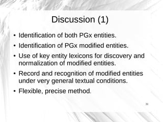 Discussion (1)
●   Identification of both PGx entities.
●   Identification of PGx modified entities.
●   Use of key entity lexicons for discovery and
    normalization of modified entities.
●   Record and recognition of modified entities
    under very general textual conditions.
●   Flexible, precise method.
                                                   31
 
