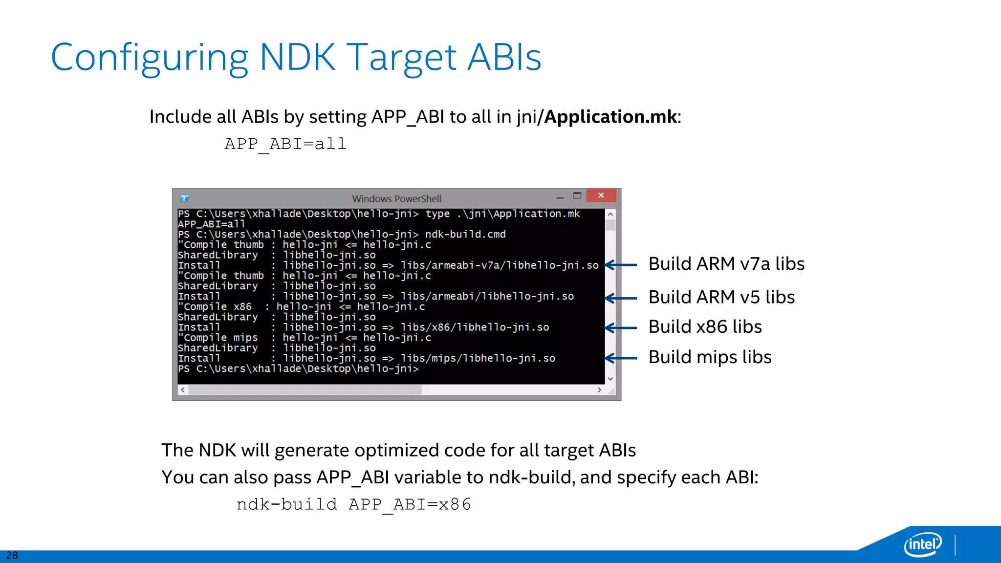 28
Include all ABIs by setting APP_ABI to all in jni/Application.mk:
APP_ABI=all
The NDK will generate optimized code for all target ABIs
You can also pass APP_ABI variable to ndk-build, and specify each ABI:
ndk-build APP_ABI=x86
Configuring NDK Target ABIs
Build ARM v7a libs
Build ARM v5 libs
Build x86 libs
Build mips libs
 