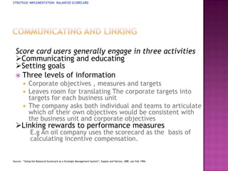 STRATEGIC IMPLEMENTATION: BALANCED SCORECARD




  Score card users generally engage in three activities
  Communicating and educating
  Setting goals
   Three levels of information
         Corporate objectives , measures and targets
         Leaves room for translating The corporate targets into
          targets for each business unit
         The company asks both individual and teams to articulate
          which of their own objectives would be consistent with
          the business unit and corporate objectives
  Linking rewards to performance measures
              E.g An oil company uses the scorecard as the basis of
              calculating incentive compensation.


Source: “Using the Balanced Scorecard as a Strategic Management System”, Kaplan and Norton, HBR, Jan-Feb 1996.
 