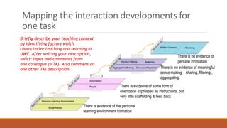 Mapping the interaction developments for
one task
There is evidence of the personal
learning environment formation
There is no evidence of meaningful
sense making – sharing, filtering ,
aggregating.
There is evidence of some form of
orientation expressed as instructions, but
very little scaffolding & feed back
There is no evidence of
genuine innovation
Briefly describe your teaching context
by identifying factors which
characterize teaching and learning at
UWC. After writing your description,
solicit input and comments from
one colleague (a TA). Also comment on
one other TAs description.
 
