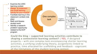 Could the blog – supported learning activities contribute to
shaping a connectivist learning context? ( YES, if designed
properly – with one complex task encompassing shorter learning
activities, a unifying underlying theory, assignments linked to
practice, time allocated for scaffolding and feedback - cognizant
of the limitations of the student learning context.
One complex
task
• Examine the UWC
learning context
• Design & implement
one small learning
activity for your module
• Facilitate learning in the
classroom context (role
play)
• Mark and Assess
student work
• Identify a research
problem/ opportunity
related to the ECP
program
 