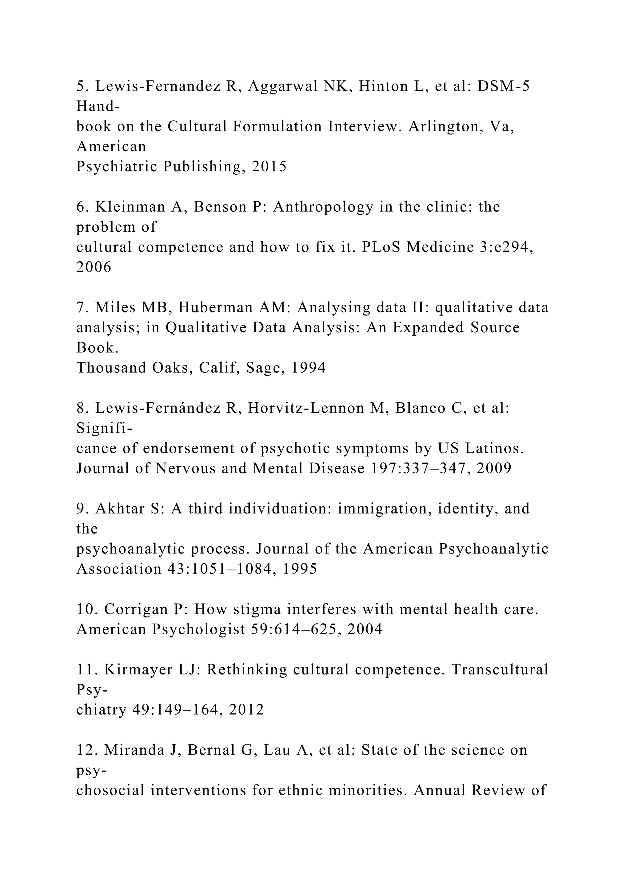 5. Lewis-Fernandez R, Aggarwal NK, Hinton L, et al: DSM-5
Hand-
book on the Cultural Formulation Interview. Arlington, Va,
American
Psychiatric Publishing, 2015
6. Kleinman A, Benson P: Anthropology in the clinic: the
problem of
cultural competence and how to fix it. PLoS Medicine 3:e294,
2006
7. Miles MB, Huberman AM: Analysing data II: qualitative data
analysis; in Qualitative Data Analysis: An Expanded Source
Book.
Thousand Oaks, Calif, Sage, 1994
8. Lewis-Fernández R, Horvitz-Lennon M, Blanco C, et al:
Signifi-
cance of endorsement of psychotic symptoms by US Latinos.
Journal of Nervous and Mental Disease 197:337–347, 2009
9. Akhtar S: A third individuation: immigration, identity, and
the
psychoanalytic process. Journal of the American Psychoanalytic
Association 43:1051–1084, 1995
10. Corrigan P: How stigma interferes with mental health care.
American Psychologist 59:614–625, 2004
11. Kirmayer LJ: Rethinking cultural competence. Transcultural
Psy-
chiatry 49:149–164, 2012
12. Miranda J, Bernal G, Lau A, et al: State of the science on
psy-
chosocial interventions for ethnic minorities. Annual Review of
 