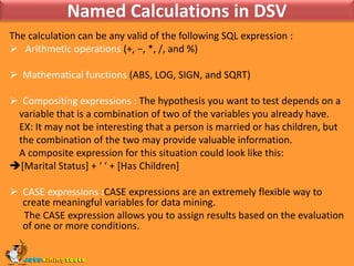 Named Calculations in DSVThe calculation can be any valid of the following SQL expression : Arithmetic operations (+, −, *, /, and %)