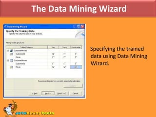 Refining the results in Data Mining Designer.Server Analysis Services Server Analysis Services has two major objects that deal with data mining: mining structuresA mining structure defines the domain of a mining problem.A mining structure contains a list of structure columns that have data and content types, bindings to the data source, and some optional flags that control how the data is modeled.mining models.A mining model is the application of a mining algorithm to the data in a mining structure.The definition of a mining model contains an algorithm with its associated parameters, plus a list of columns from the mining structure.
