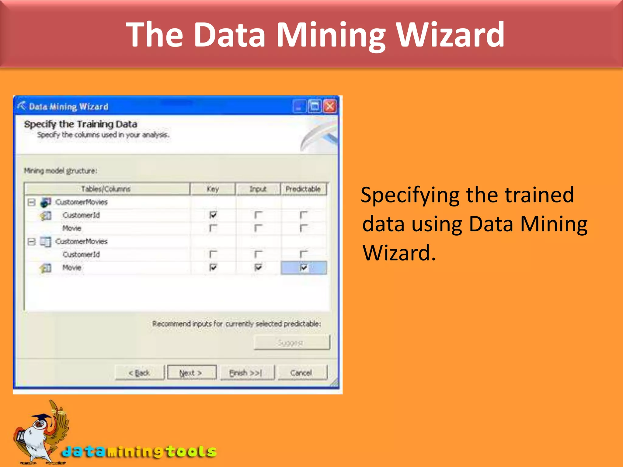 Refining the results in Data Mining Designer.Server Analysis Services Server Analysis Services has two major objects that deal with data mining: mining structuresA mining structure defines the domain of a mining problem.A mining structure contains a list of structure columns that have data and content types, bindings to the data source, and some optional flags that control how the data is modeled.mining models.A mining model is the application of a mining algorithm to the data in a mining structure.The definition of a mining model contains an algorithm with its associated parameters, plus a list of columns from the mining structure.