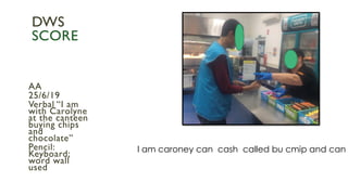 AA
25/6/19
Verbal “I am
with Carolyne
at the canteen
buying chips
and
chocolate”
Pencil:
Keyboard;
word wall
used
DWS
SCORE
l am caroney can cash called bu cmip and can
 
