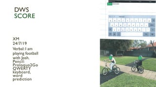 XM
24/7/19
Verbal: I am
playing football
with Josh.
Pencil:
Proloquo2Go
QWERTY
keyboard,
word
prediction
DWS
SCORE
 