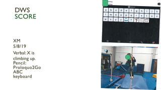 XM
5/8/19
Verbal: X is
climbing up.
Pencil:
Proloquo2Go
ABC
keyboard
DWS
SCORE
 
