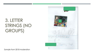 3. LETTER
STRINGS (NO
GROUPS)
Sample from 2018 moderation
 