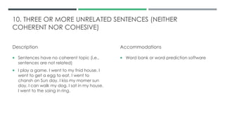 10. THREE OR MORE UNRELATED SENTENCES (NEITHER
COHERENT NOR COHESIVE)
Description
 Sentences have no coherent topic (i.e.,
sentences are not related)
 I play a game. I went to my fnid house. I
went to get a egg to eat. I went to
chansh on Sun day. I kiss my momer sun
day. I can walk my dog. I sat in my house.
I went to the saing in ring.
Accommodations
 Word bank or word prediction software
 