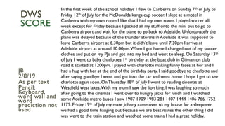 JB
2/8/19
As per text
Pencil:
Keyboard,
word wall and
word
prediction not
used
DWS
SCORE
In the first week of the school holidays I flew to Canberra on Sunday 7th of July to
Friday 12th of July for the McDonalds kanga cup soccer. I slept at a motel in
Canberra with my own room I like that I had my own room. I played soccer all
week except for Friday because I packed all my stuff onto the mini bus to go to
Canberra airport and wait for the plane to go back to Adelaide. Unfortunately the
plane was delayed because of the thunder storms in Adelaide it was supposed to
leave Canberra airport at 6.30pm but it didn’t leave until 7.30pm I arrive at
Adelaide airport at around 10.00pm.When I got home I changed out of my soccer
clothes and put on my PJs and got into my bed and went to sleep. On Saturday 13th
of July I went to baby charlottes 1st birthday at the boat club in Gilman on club
road it started at 1200pm. I played with charlotte making funny faces at her and I
had a hug with her at the end of the birthday party. I said goodbye to charlotte and
after saying goodbye I went and got into the car and went home I hope I get to see
charlotte again soon. On Thursday 18th of July I went to reading cinemas at
Westfield west lakes.With my mum I saw the lion king. I was laughing so much
after going to the cinemas I went over to hungry jacks for lunch and I watched
some Adelaide metro buses I saw 1907 1909 1983 281 1407 1444 1406 766 1752
1175. Friday 19th of July my mate Johnny came over to my house for a sleepover
we had a good time hanging out because we are best mates the other thing I did
was went to the train station and watched some trains I had a great holiday.
 