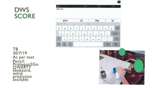 TB
30/7/19
As per text
Pencil:
Proloquo2Go
QWERTY
keyboard,
word
prediction
available
DWS
SCORE
 