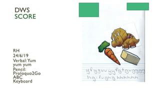 RH
24/6/19
Verbal:Yum
yum yum
Pencil:
Proloquo2Go
ABC
Keyboard
DWS
SCORE
 