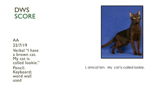 L amcat brn. My cat is called lookie.
AA
22/7/19
Verbal “I have
a brown cat.
My cat is
called lookie.”
Pencil:
Keyboard;
word wall
used
DWS
SCORE
 
