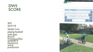 XM
24/7/19
Verbal: I am
playing football
with Josh.
Pencil:
Proloquo2Go
QWERTY
keyboard,
word
prediction
DWS
SCORE
 
