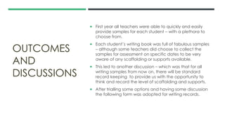 OUTCOMES
AND
DISCUSSIONS
 First year all teachers were able to quickly and easily
provide samples for each student – with a plethora to
choose from.
 Each student’s writing book was full of fabulous samples
– although some teachers did choose to collect the
samples for assessment on specific dates to be very
aware of any scaffolding or supports available.
 This led to another discussion – which was that for all
writing samples from now on, there will be standard
record keeping to provide us with the opportunity to
think and record the level of scaffolding and supports.
 After trialling some options and having some discussion
the following form was adopted for writing records.
 