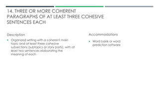 14. THREE OR MORE COHERENT
PARAGRAPHS OF AT LEAST THREE COHESIVE
SENTENCES EACH
Description
 Organized writing with a coherent main
topic and at least three cohesive
subsections (subtopics or story parts), with at
least two sentences elaborating the
meaning of each
Accommodations
 Word bank or word
prediction software
 