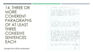 14. THREE OR
MORE
COHERENT
PARAGRAPHS
OF AT LEAST
THREE
COHESIVE
SENTENCES
EACH
Sample from 2018 moderation
 