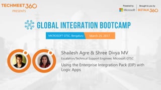 PRESENTS
MICROSOFT GTSC, Bengaluru March 25, 2017
Powered by Brought to you by
Shailesh Agre & Shree Divya MV
Escalation/Technical Support Engineer, Microsoft GTSC
Using the Enterprise Integration Pack (EIP) with
Logic Apps
 