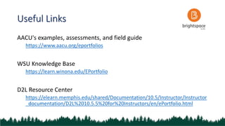 Useful Links
AACU's examples, assessments, and field guide
https://www.aacu.org/eportfolios
WSU Knowledge Base
https://learn.winona.edu/EPortfolio
D2L Resource Center
https://elearn.memphis.edu/shared/Documentation/10.5/Instructor/Instructor
_documentation/D2L%2010.5.5%20for%20Instructors/en/ePortfolio.html
 