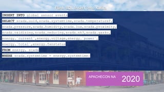 APACHECON NA
2020
INSERT INTO global_sensor_events
SELECT scada.uuid,scada.systemtime,scada.temperaturef,
scada.pressure,scada.humidity,scada.lux,scada.proximity,
scada.oxidising,scada.reducing,scada.nh3,scada.gasko,
energy.`current`,energy.voltage,energy.`power`,
energy.`total`,energy.fanstatus
FROM energy, scada
WHERE scada.systemtime = energy.systemtime;
 