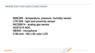 © 2020 Cloudera, Inc. All rights reserved. 30
BME280 - temperature, pressure, humidity sensor
LTR-559 - light and proximity sensor
MICS6814 - analog gas sensor
ADS1015 ADC
MEMS - microphone
0.96-inch, 160 x 80 color LCD
WHERE DID THAT DATA COME FROM?
 