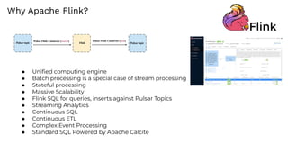 ● Uniﬁed computing engine
● Batch processing is a special case of stream processing
● Stateful processing
● Massive Scalability
● Flink SQL for queries, inserts against Pulsar Topics
● Streaming Analytics
● Continuous SQL
● Continuous ETL
● Complex Event Processing
● Standard SQL Powered by Apache Calcite
Why Apache Flink?
 