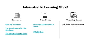 Interested In Learning More?
Flink SQL Cookbook
The Github Source for Flink
SQL Demo
The GitHub Source for Demo
Manning's Apache Pulsar in
Action
O’Reilly Book
[Feb/2022] ScyllaDB Summit
Resources Free eBooks Upcoming Events
 