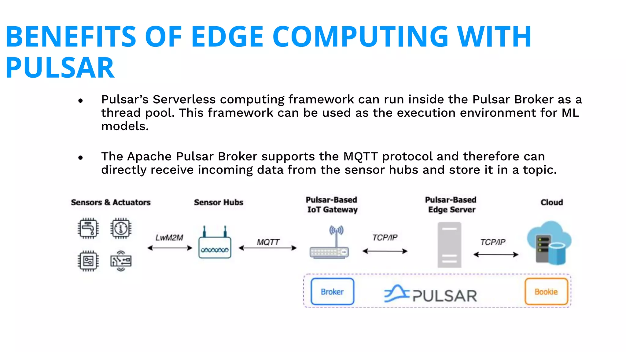 ● Pulsar’s Serverless computing framework can run inside the Pulsar Broker as a
thread pool. This framework can be used as the execution environment for ML
models.
● The Apache Pulsar Broker supports the MQTT protocol and therefore can
directly receive incoming data from the sensor hubs and store it in a topic.
BENEFITS OF EDGE COMPUTING WITH
PULSAR
 