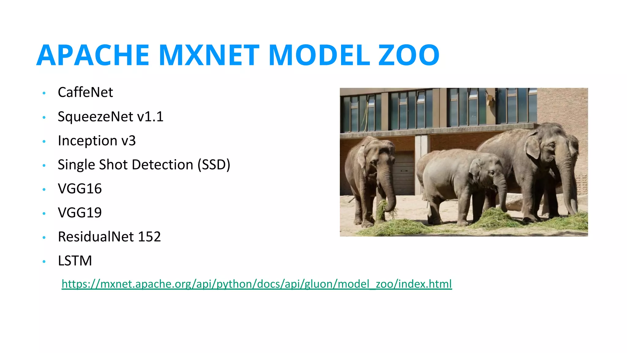 APACHE MXNET MODEL ZOO
• CaffeNet
• SqueezeNet v1.1
• Inception v3
• Single Shot Detection (SSD)
• VGG16
• VGG19
• ResidualNet 152
• LSTM
https://mxnet.apache.org/api/python/docs/api/gluon/model_zoo/index.html
 